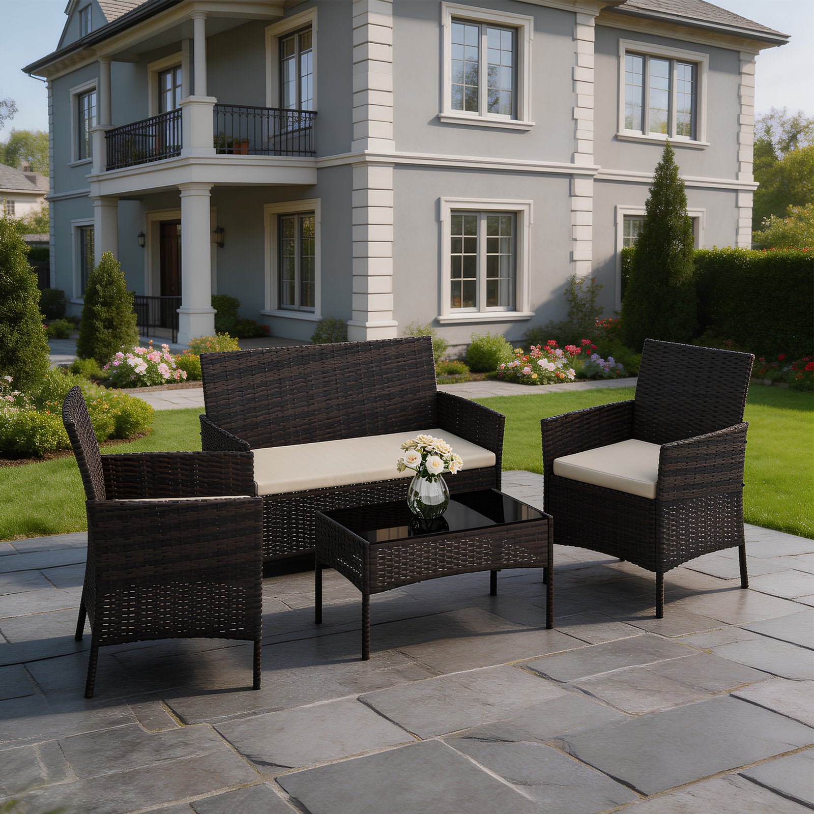 [Outdoor Patio Set] 4pcs Outdoor Patio Bistro Set, Wicker Rattan Furniture With Loveseat, 2 Chairs & Glass Coffee Table, Cushioned Seats For Backyard, Garden, Porch, Balcony & Poolside