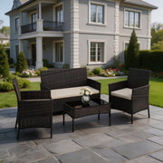 [Outdoor Patio Set] 4pcs Outdoor Patio Bistro Set, Wicker Rattan Furniture With Loveseat, 2 Chairs & Glass Coffee Table, Cushioned Seats For Backyard, Garden, Porch, Balcony & Poolside