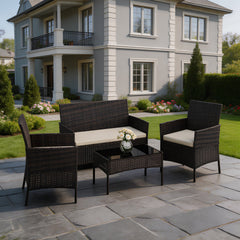 4-piece outdoor patio bistro set with wicker rattan seating and glass table