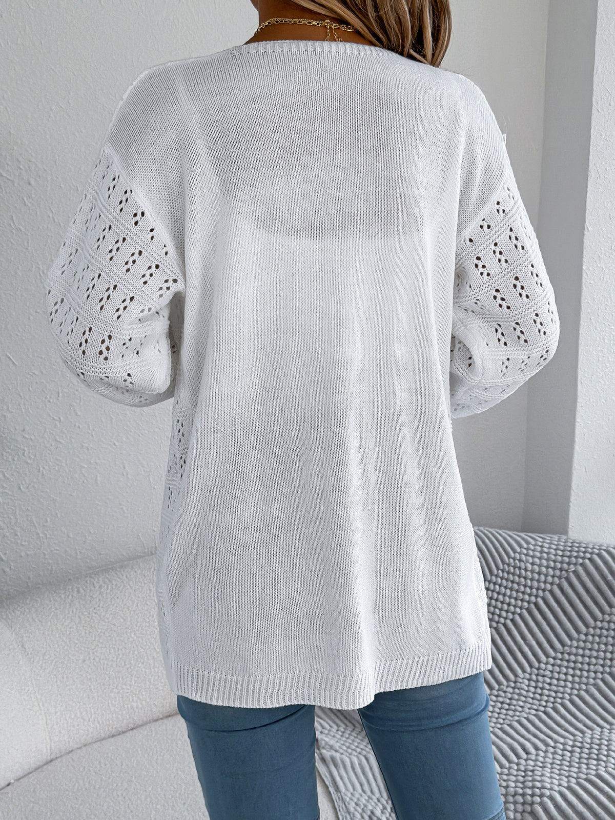 Women Solid Color Hollow Out Lantern Sleeve Long Sleeve Cardigan Sweater Coat