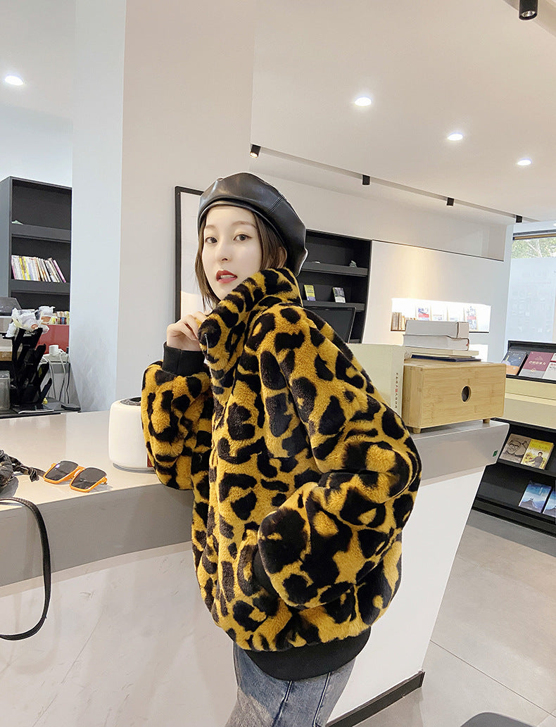Leopard Print Faux Fur Stitching Women's Winter Sweater