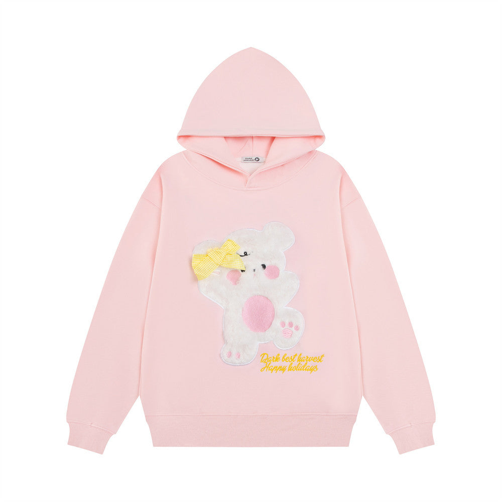 Cute Bear Bow Embroidered Hooded Sweatshirt