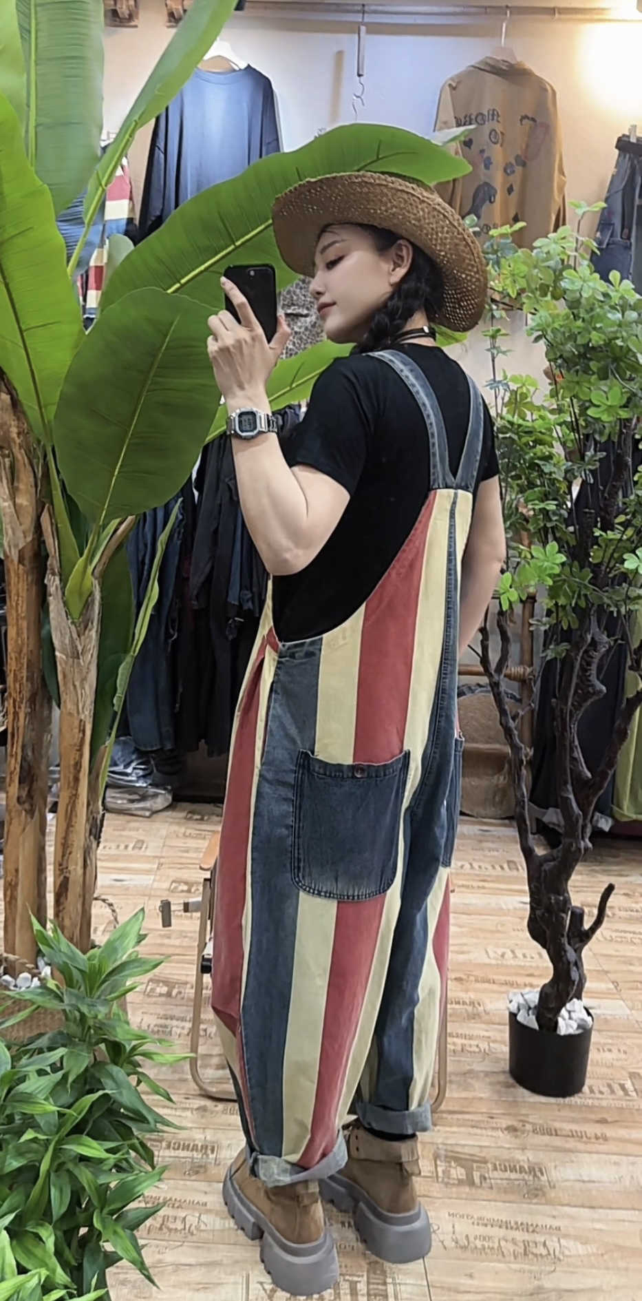 Vintage Stripe Suspender Pants Women's Loose Cotton Denim Jumpsuit
