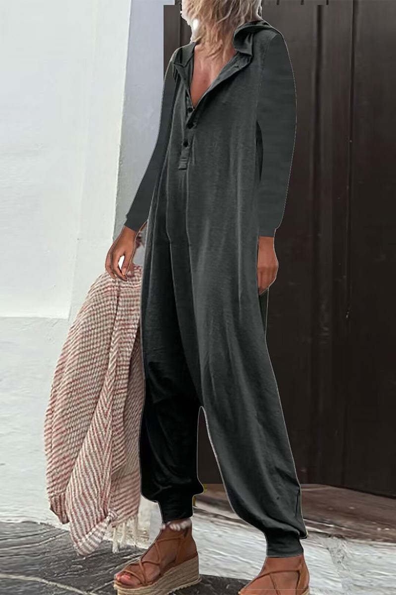 Casual Hooded Pocket Long Sleeve Jumpsuit Baggy Pants