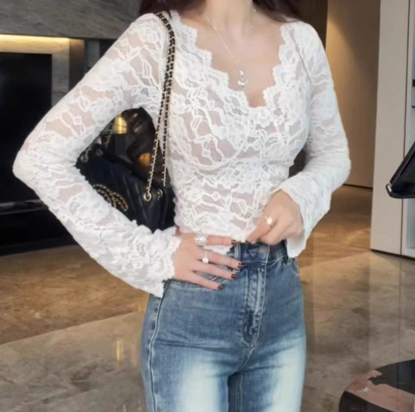 V-neck Lace Ribbon Chest Pad White Long Sleeve Bottoming Shirt
