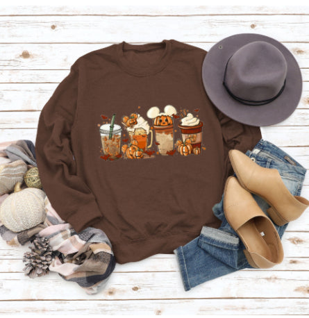 Cozy Floral Print Round Neck Christmas Latte Sweater