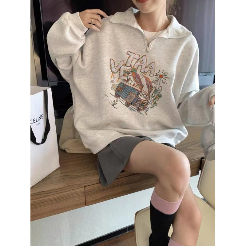 Half-Zip Polo Collar Loose Knit Sweater