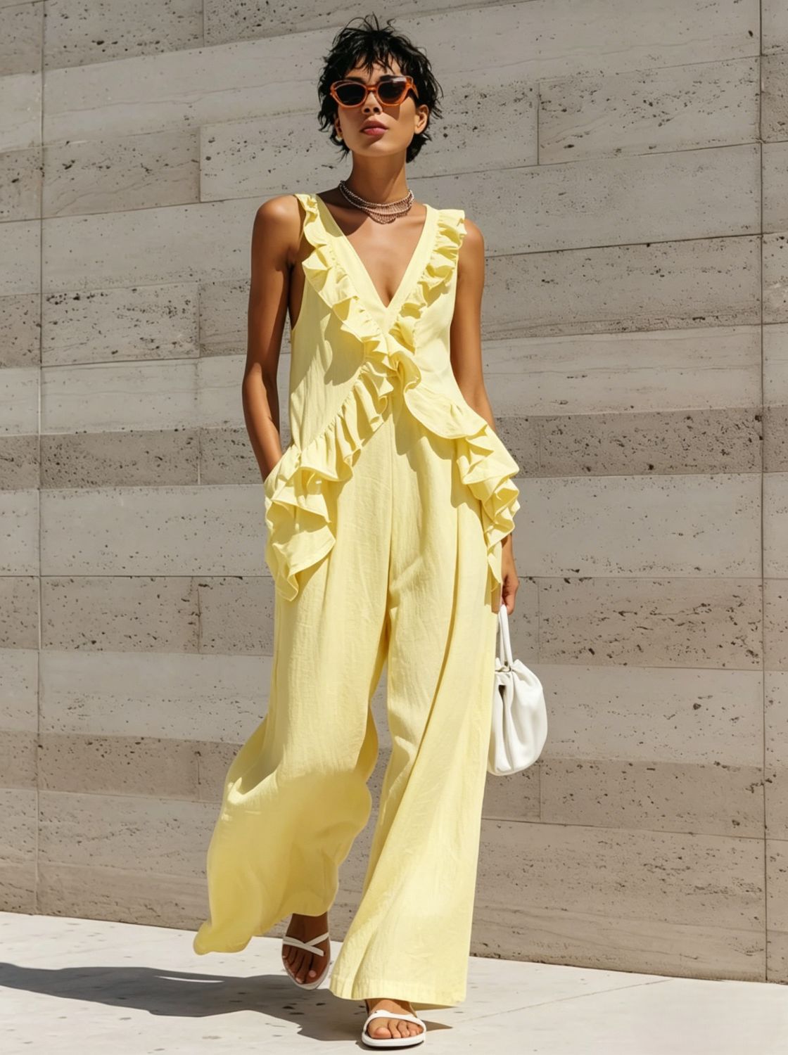 Casual V-Neck Ruffle Resort Jumpsuit