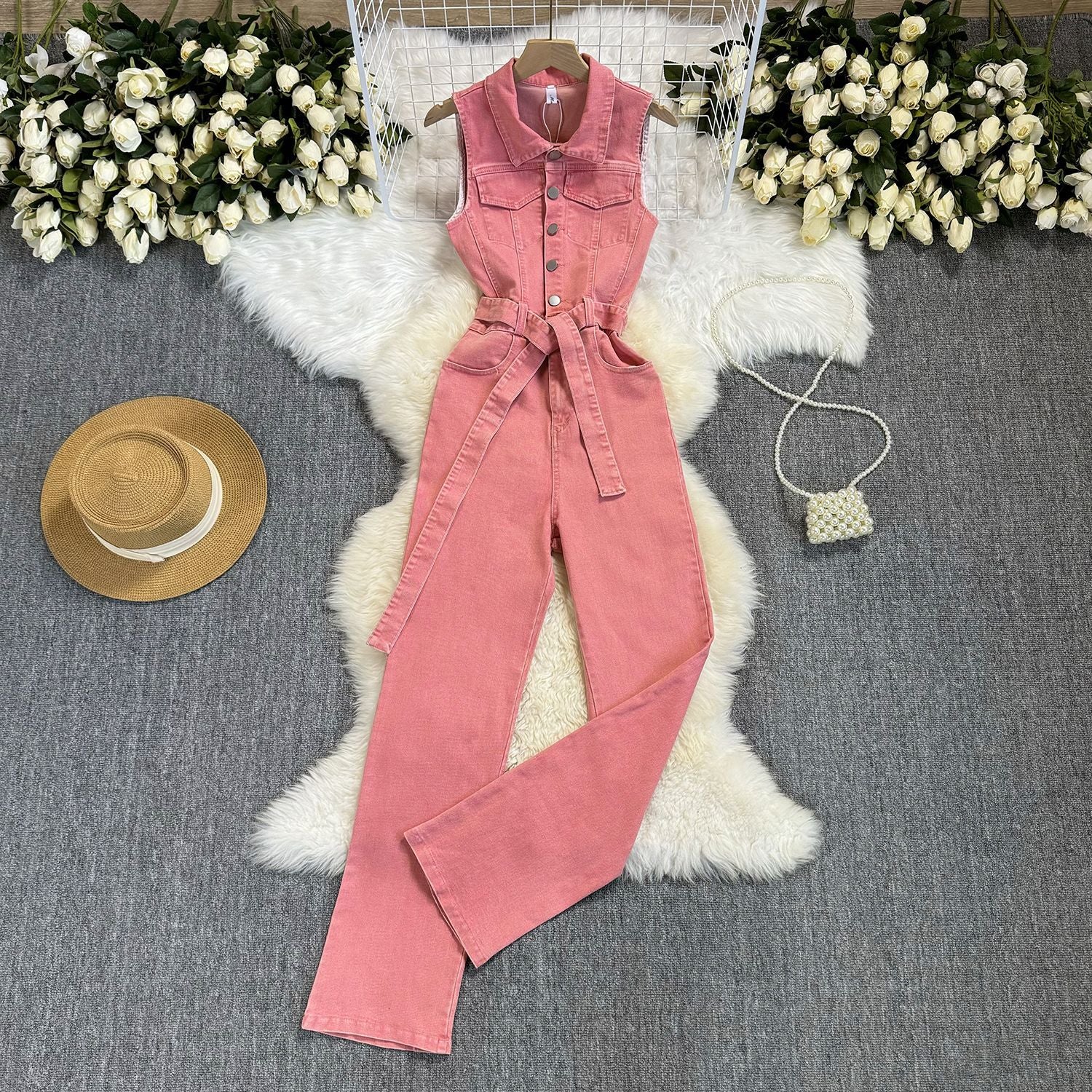 Chic Pink Denim Jumpsuit with Waist-Controlling Belt