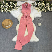 Chic Pink Denim Jumpsuit with Waist-Controlling Belt