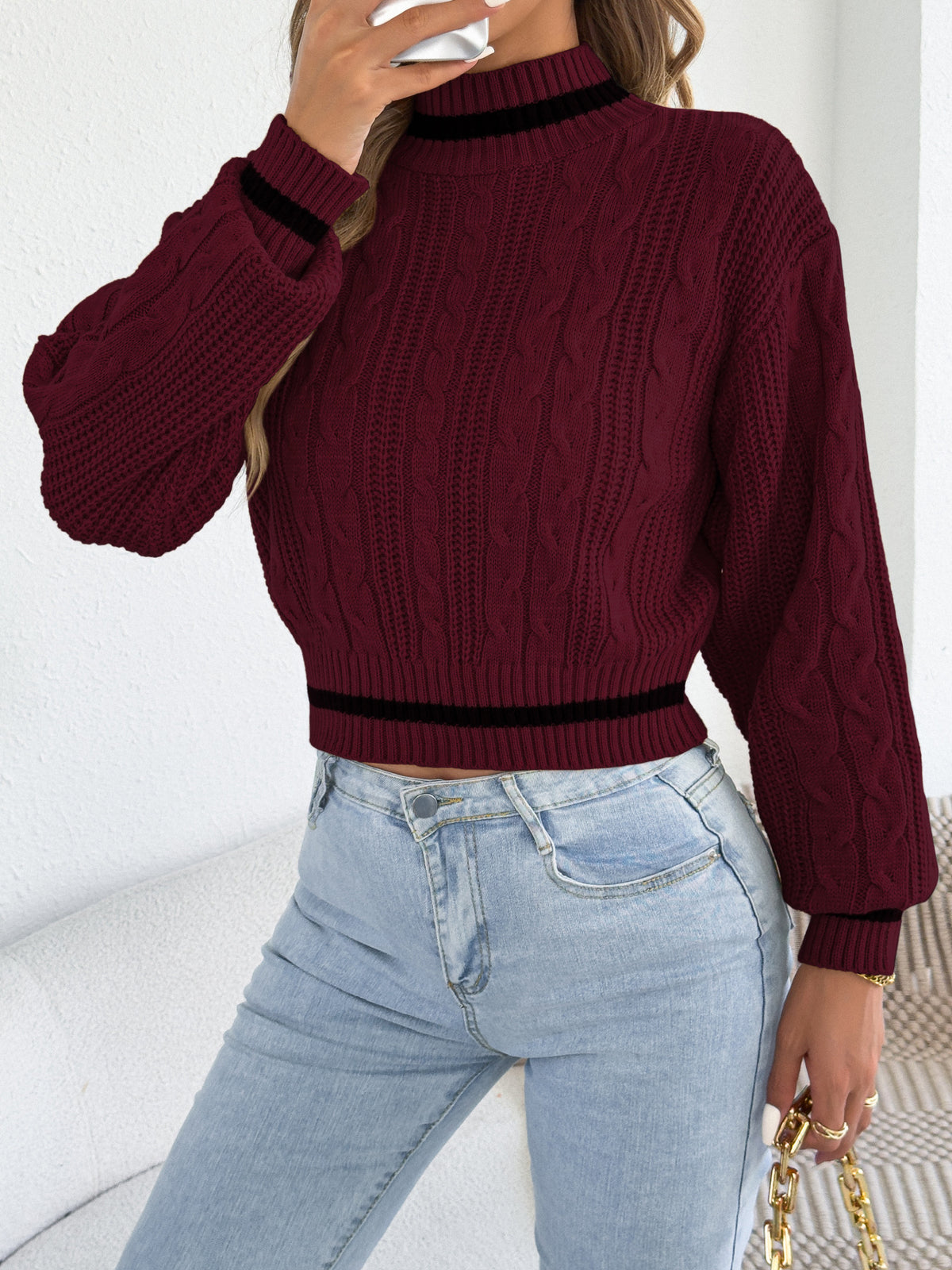 Fallwinter Casual Colorblock Mock-neck Fittedwaist Sweater
