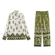 Summer New European And American Style Silk Satin Texture Positioning Printed Shirt Pants