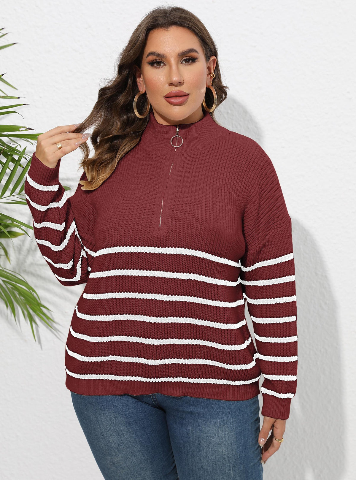 Autumn and Winter New Semi High Neck Zipper Contrasting Knitted Sweater