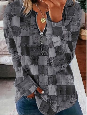 Faux Denim Zip Pullover Casual Top
