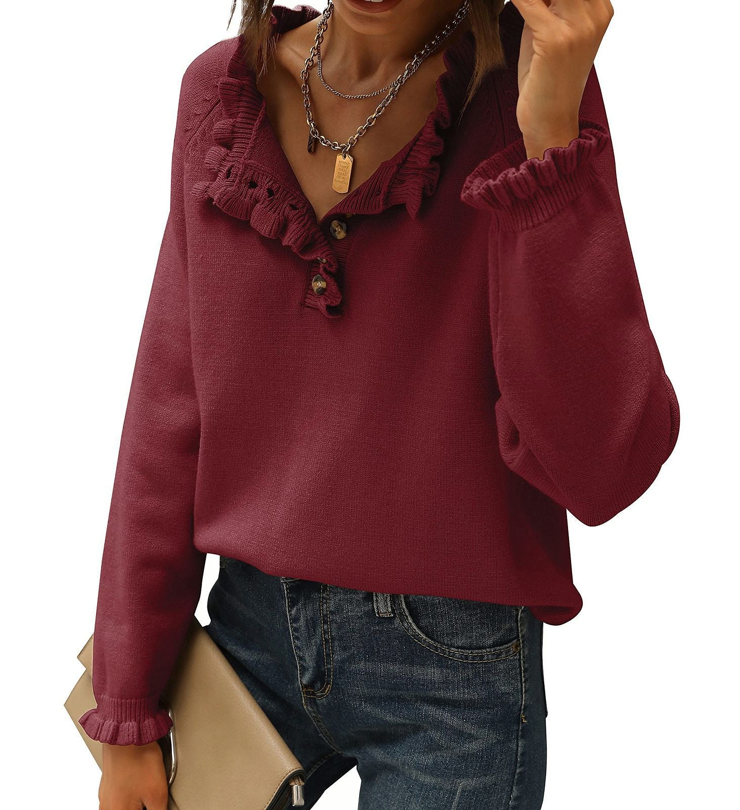 Chic Ruffle Sleeve Knit Pullover Sweater