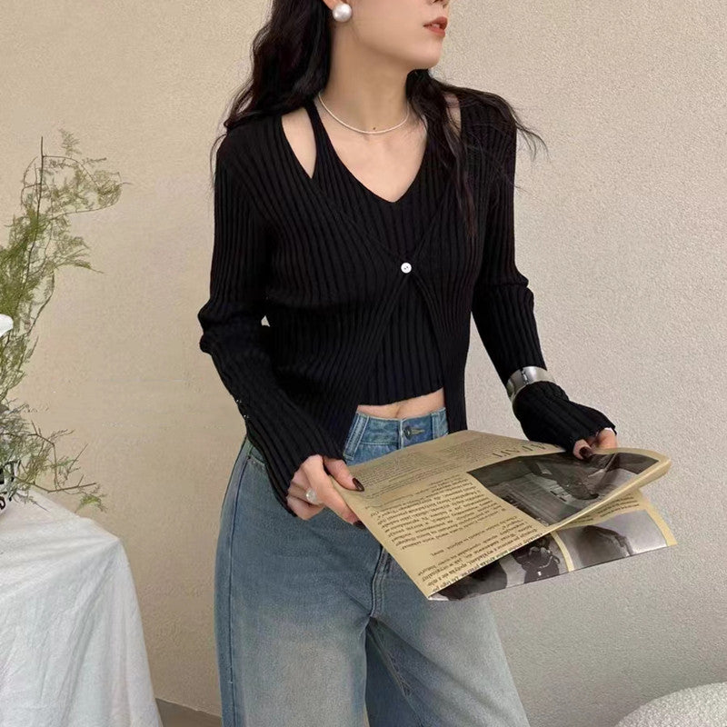 Women's Fake Two-piece Sunken Stripe Long-sleeved Sweater