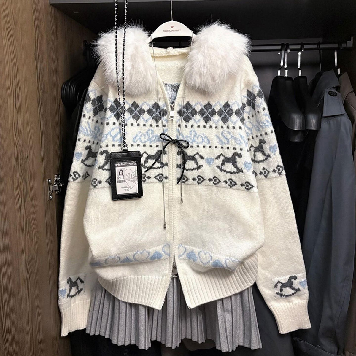 Womens Hooded Sweater Coat with Fur Collar