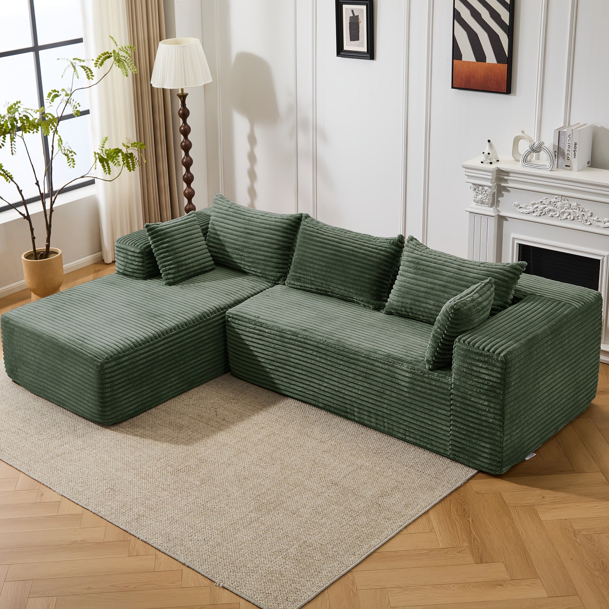 Modular L-shaped chaise longue sofa bed with deep seat and corduroy upholstery
