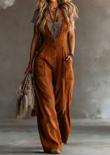Vintage Single-breasted Strap Wide-leg Jumpsuit
