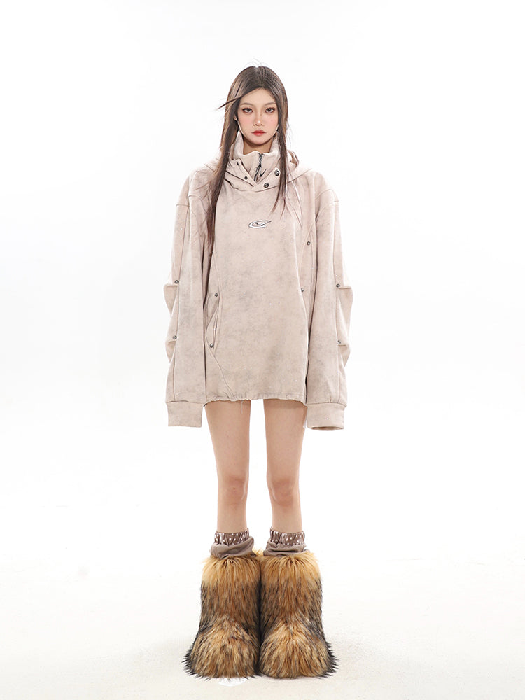 Double-Layer Hooded Turtleneck Pleated Couple's Sweater