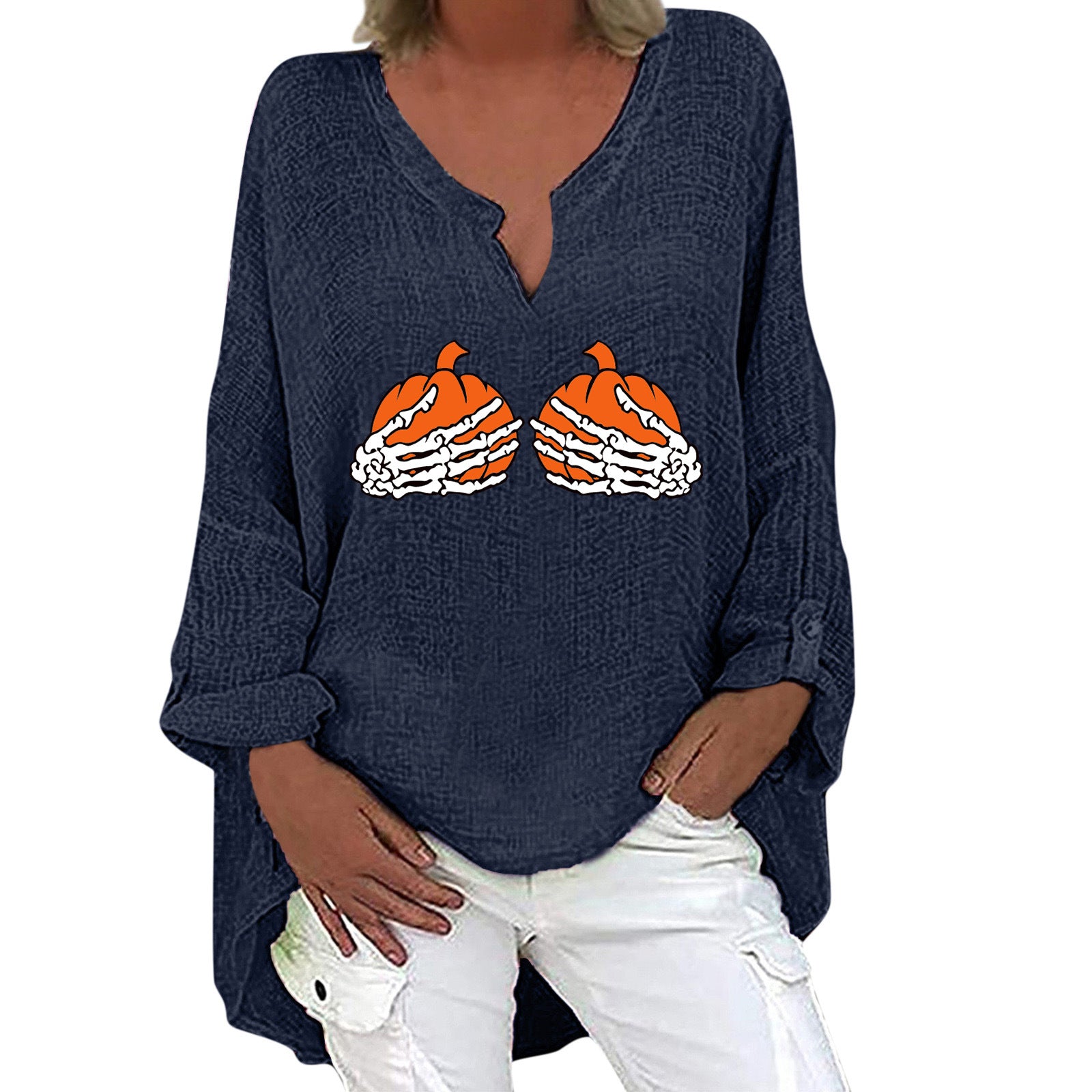 Women's Halloween V-Neck Cotton Linen Long Sleeve Shirt