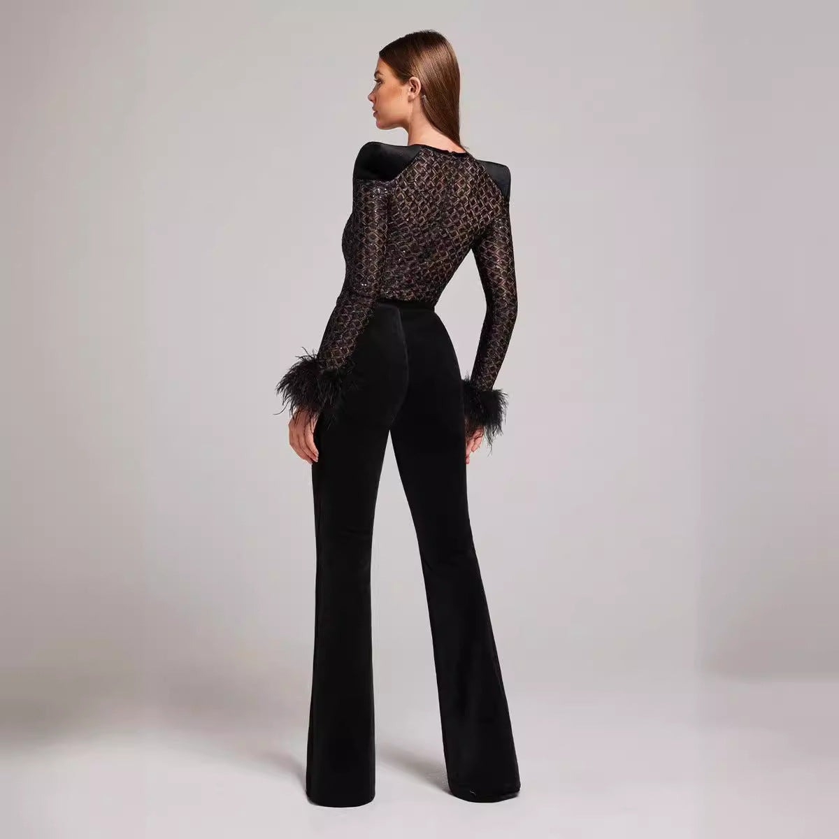 Women's Fashionable Elegant Lace Feather Sequins Bandage Jumpsuit