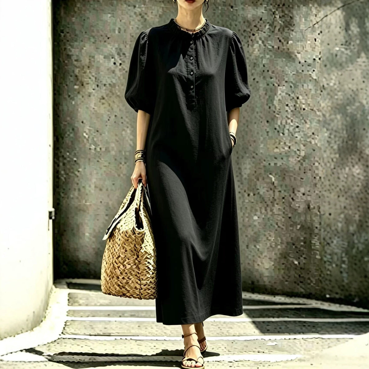 Womens Solid-color Stand-collar Puffed-sleeve Straight Dress