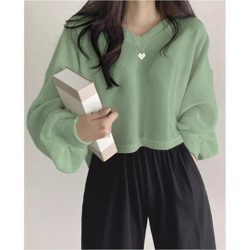 Womens Casual Versatile Solid-color Pullover Knit Sweater Top