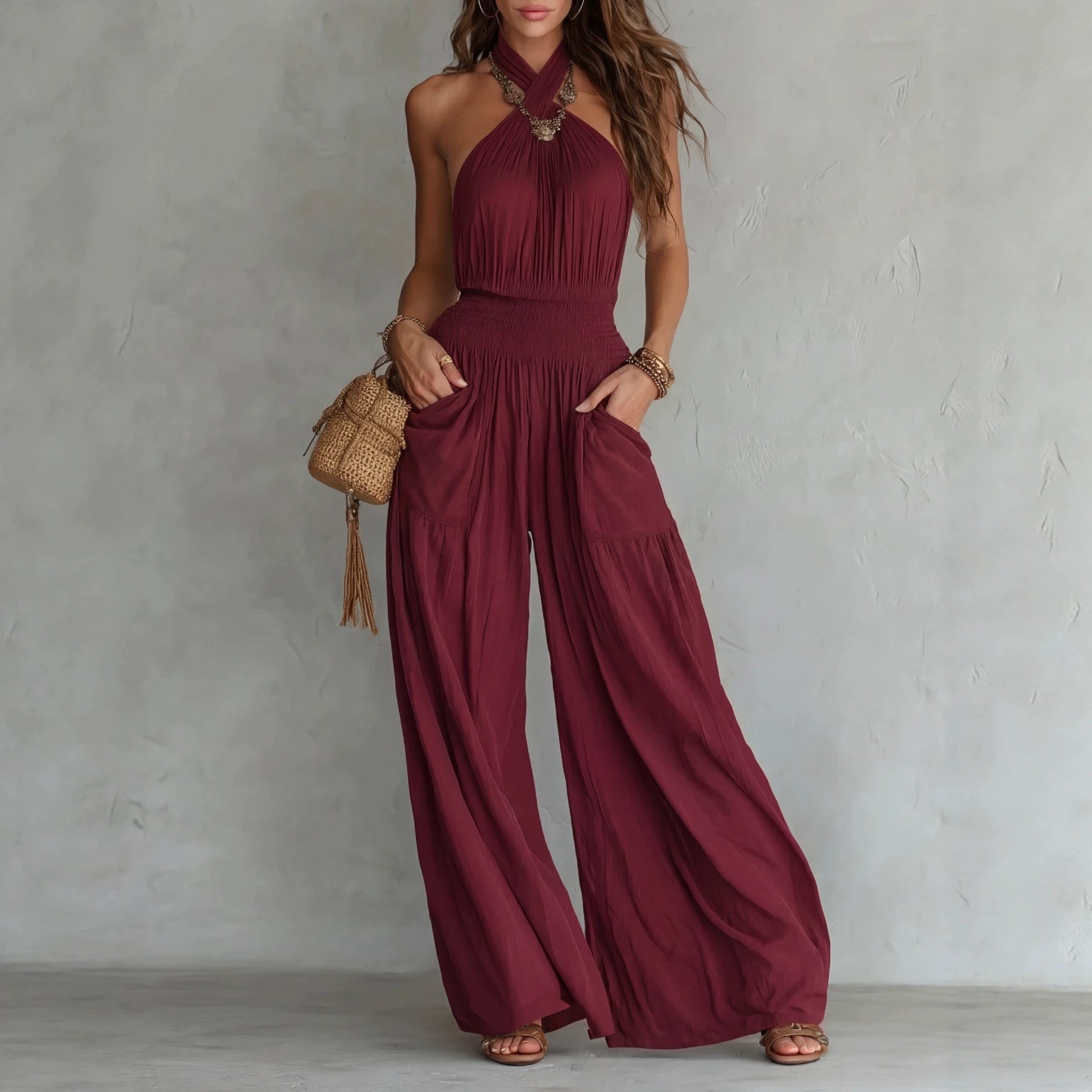 Bohemian Backless Wide Leg Jumpsuit with Pockets