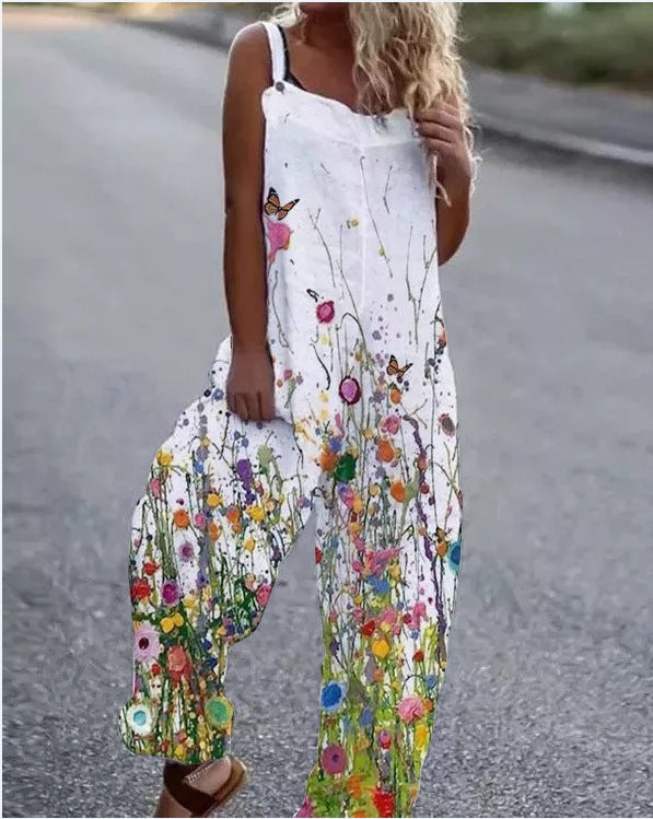 Printed Casual Beach Jumpsuit with Suspenders