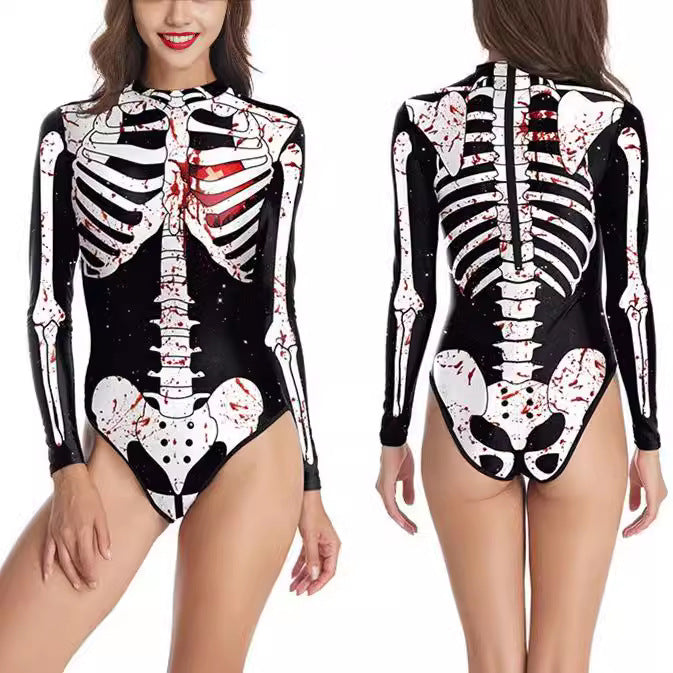 Women's Long-sleeved 3d Digital Printing Skull Skeleton One-piece Swimsuit