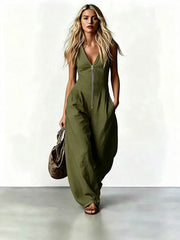 Women's Elegant Sleeveless V-Neck Wide-Leg Jumpsuit