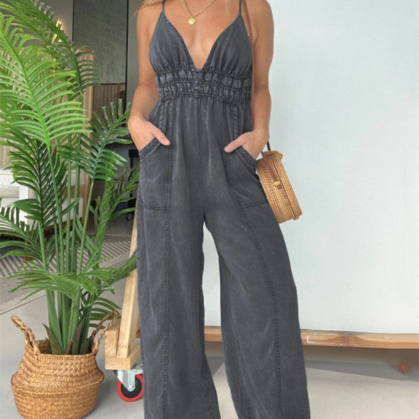 Women's Adjustable Waist Denim Jumpsuit Casual Loose Romper