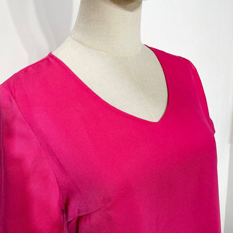 Rose-red V-neck Short-sleeve Dress Loose-fitting