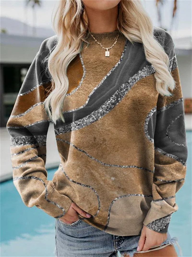 Women's Casual Geometric Loose Print Long Sleeve Round Neck Sweater