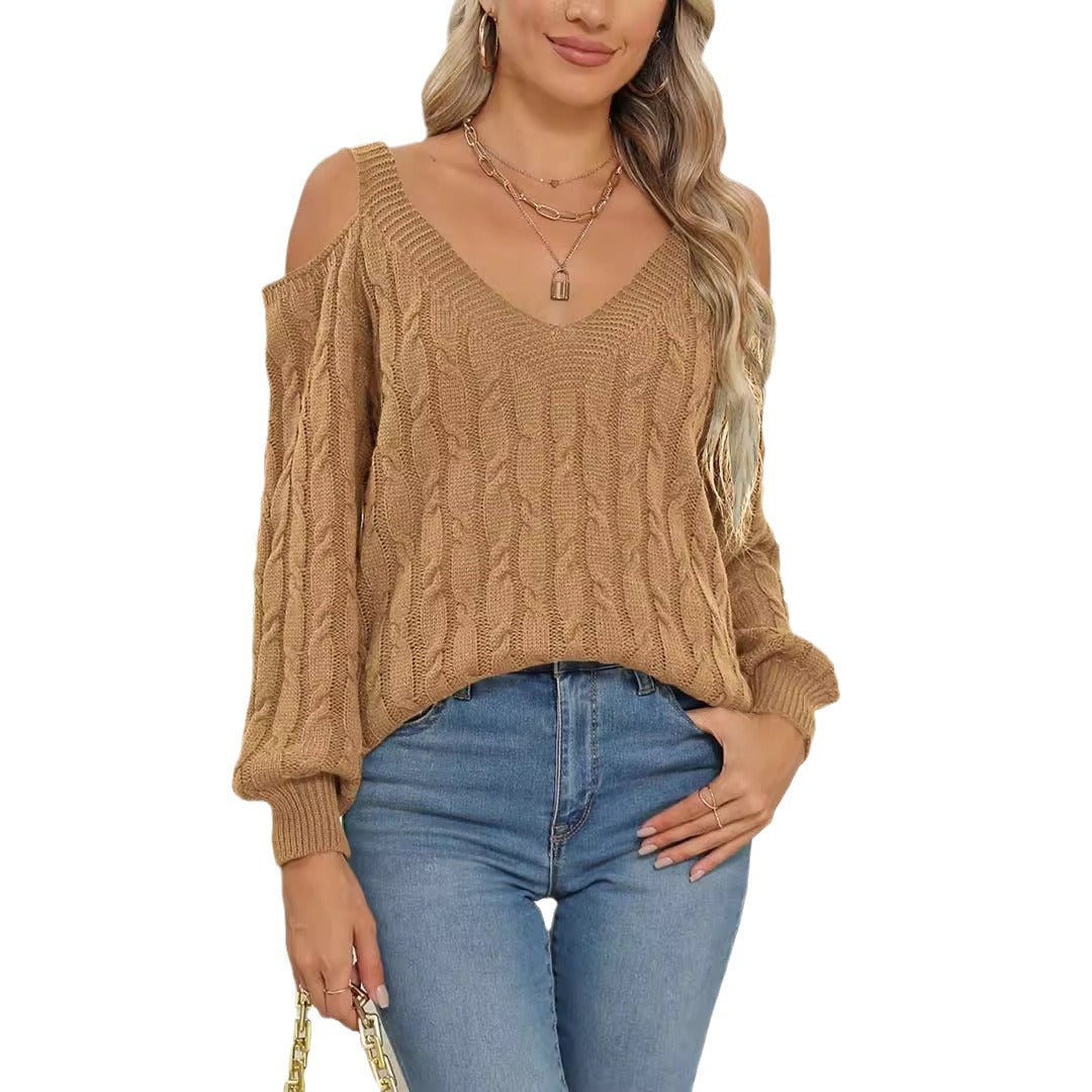 Womens Deep-v Sexy Off-shoulder Loose-fit Sweater