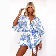 Floral Print Lace-Up Waist Romper Shorts