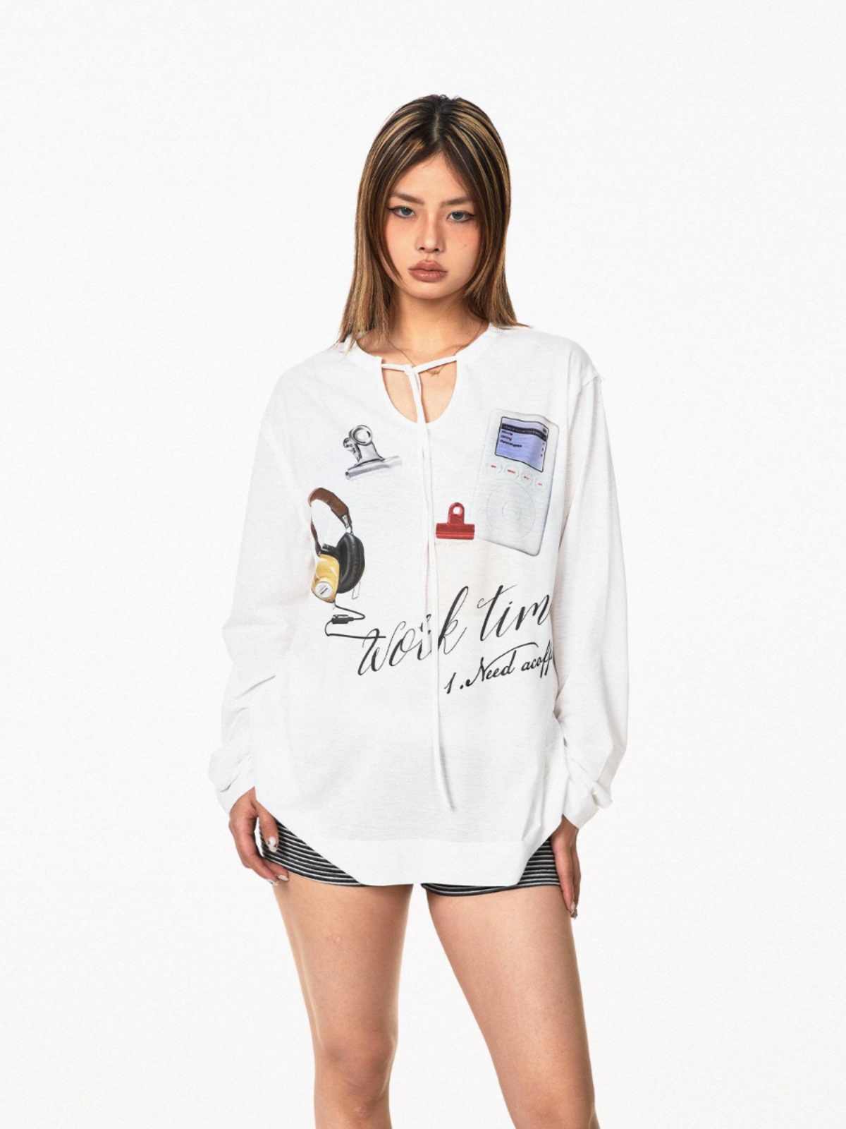 Printed Lace Up V-neck Long-sleeved T-shirt Women's Tops Casual Bottoming Shirt