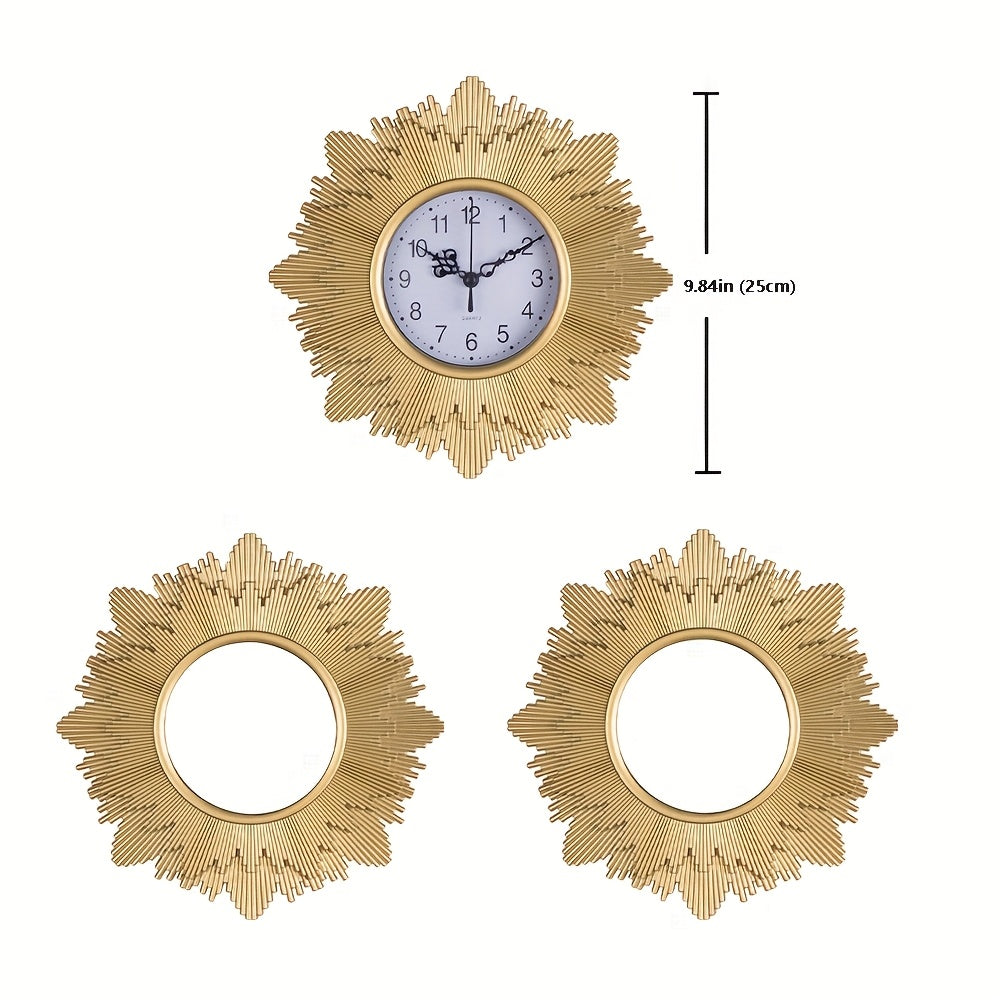 3pcs Vintage Wall Clock and Mirror Decor Set - Antique Golden Finish Plastic Frame, Silent Non-Ticking Mechanical Movement, Large Easy-to-Read Hands, Face - Elegant Round Wall Clocks for Living Room, Bedroom, Office - Perfect Christmas & Thanksgivin