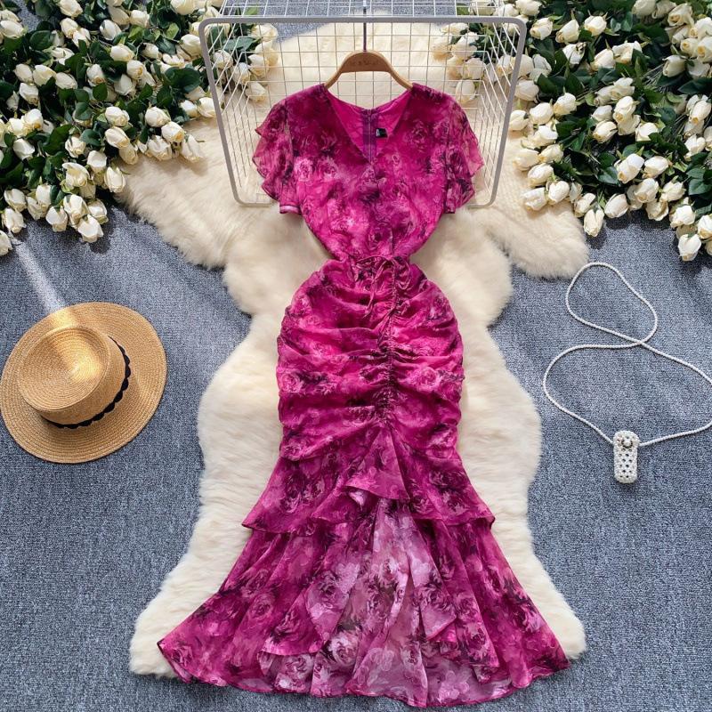 Fitted-waist Asymmetrical Floral Chiffon Mermaid Dress