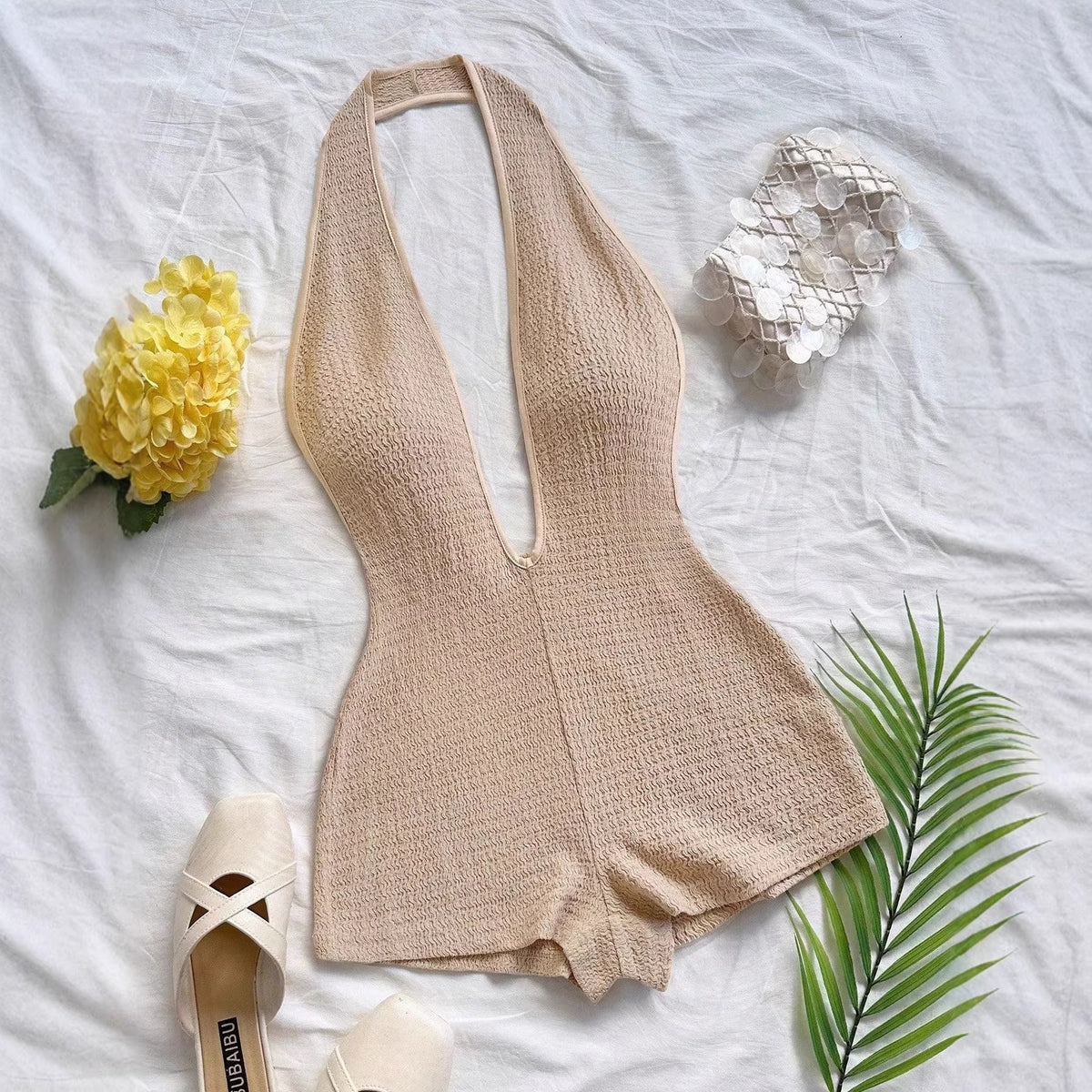 Women's Striped Halterneck Chic One-Piece Romper Shorts