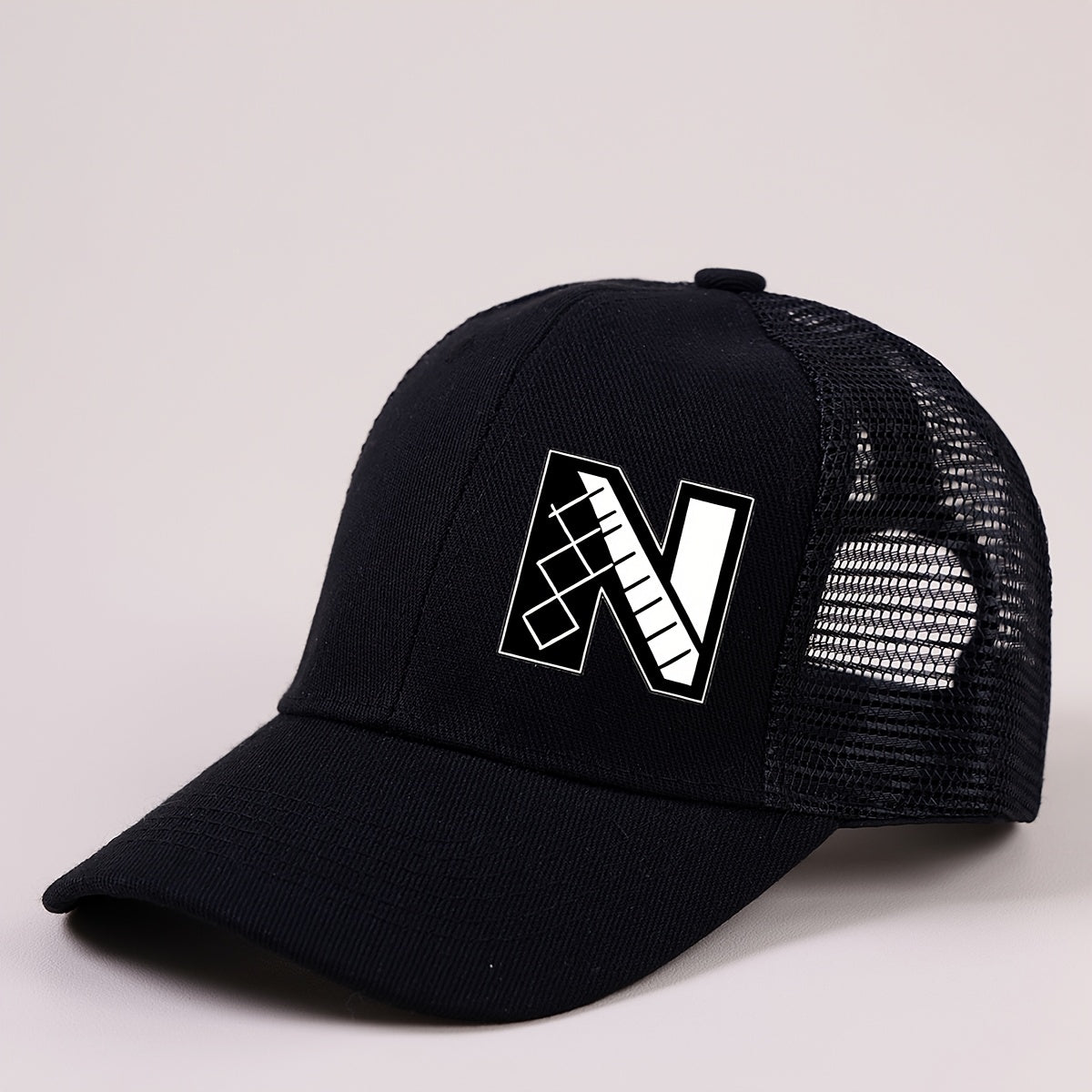 Boys Mesh Baseball Cap with A‑Z Letter and Soccer Ball Print, Unisex Sunvisor, Black