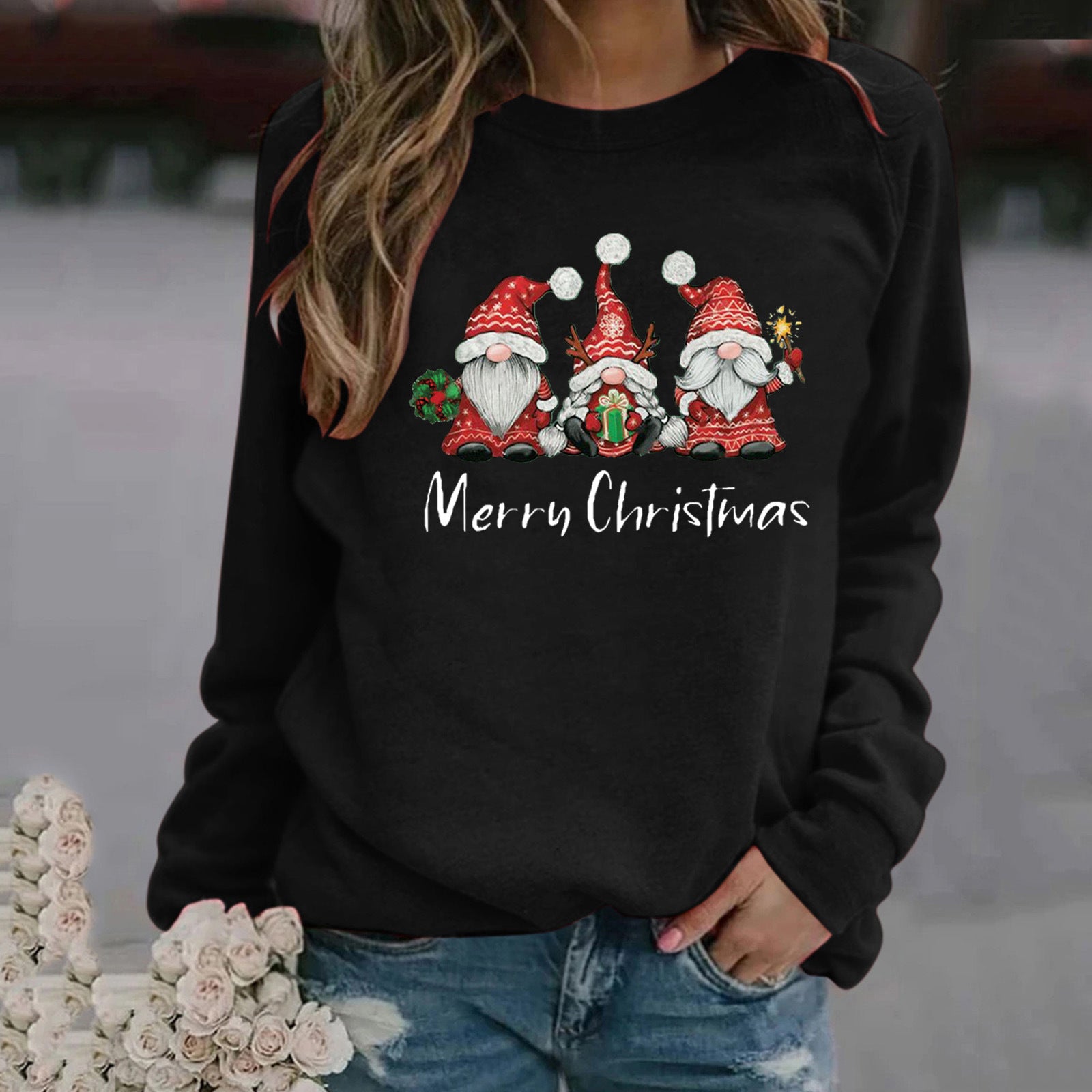 Christmas Pattern Printed Long Sleeve Round Neck Sweater Women