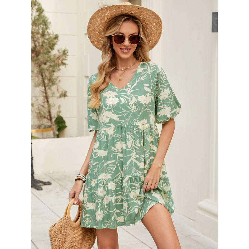 A Midriff-baring Floral Summer-style Long Cotton-silk Short-sleeved…