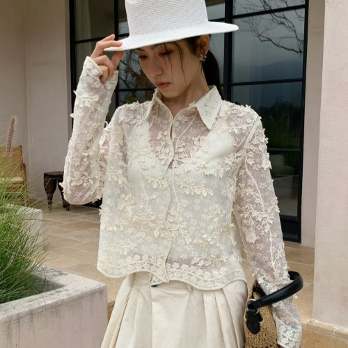Women's Jacquard Buttons Lace Shirt