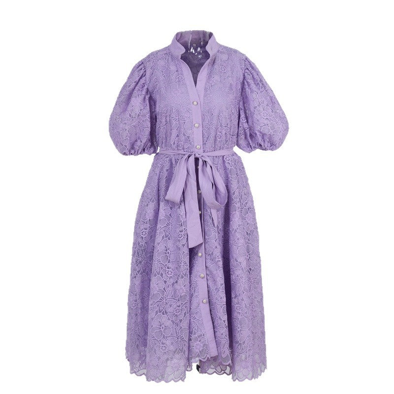 Heavy-duty French Embroidery Solid-color Oversized Tie-front Dress