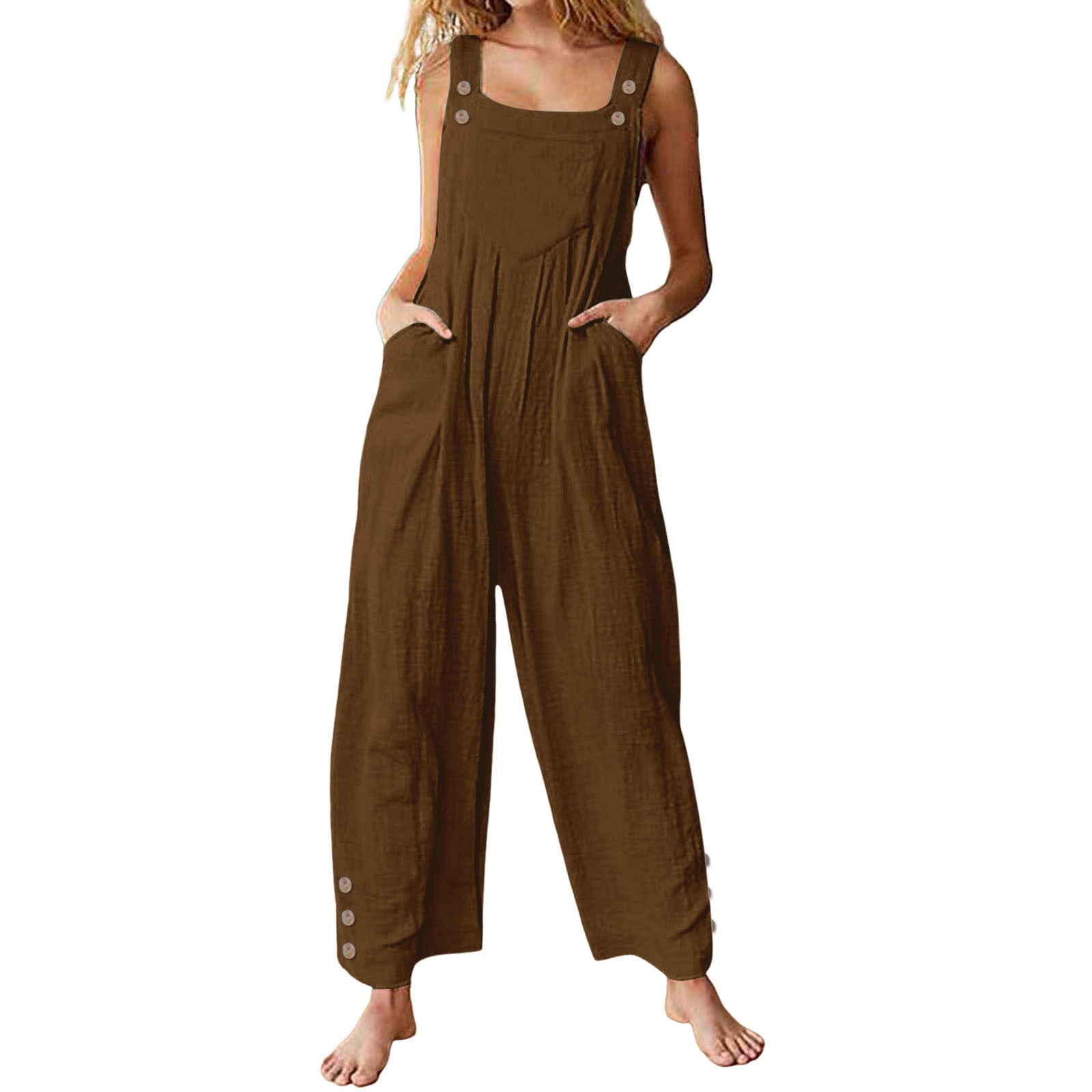 Womens Casual Loose-fitting Sleeveless Buttoned Jumpsuit
