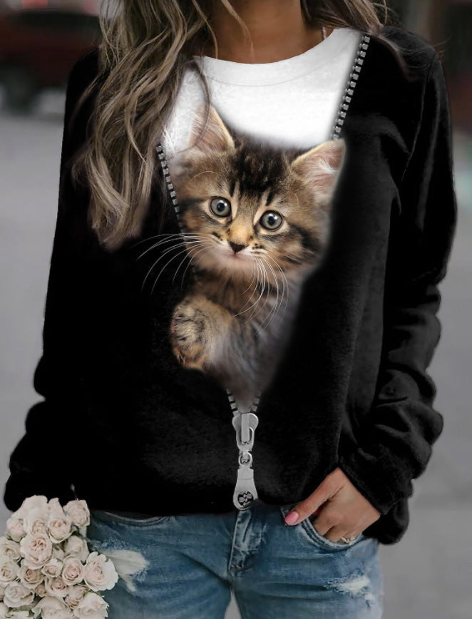 Cute Cat Print Casual Round Neck Pullover Sweatshirt