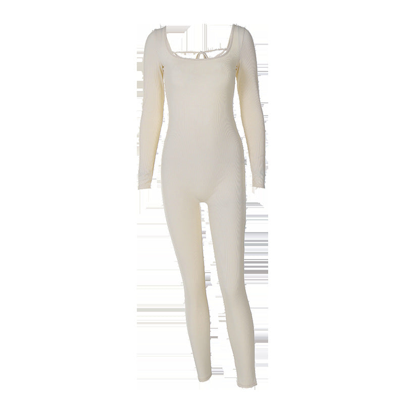 Backless Lace-Up Slim Fit Long Sleeve Jumpsuit