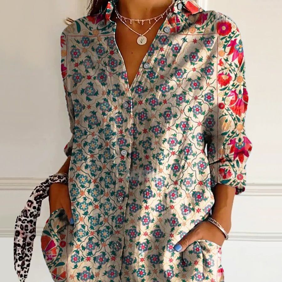 Womens Retro Elegant Floral Print Long-Sleeve Shirt